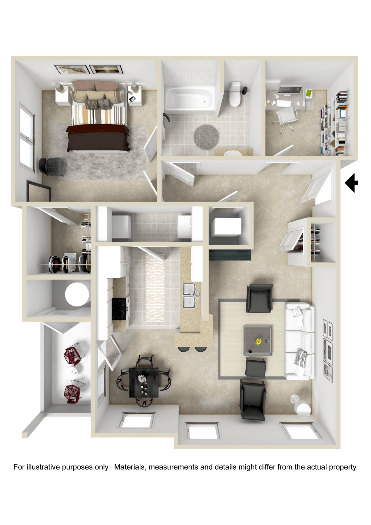 Floor plan for 1 bed, 1 bath, 888 sqft
